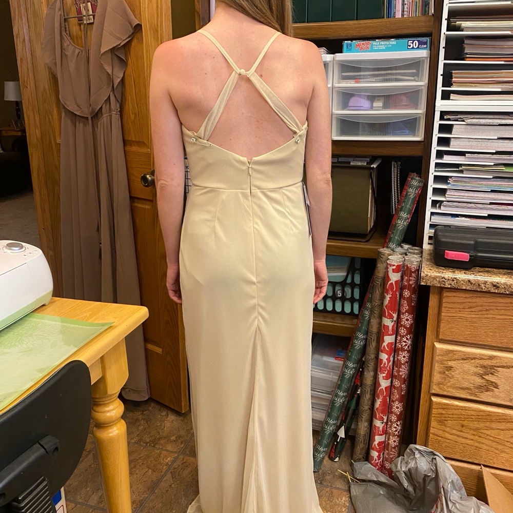 Azazie Champagne Asymmetrical Ruched Maxi Gown - Picture 2 of 5